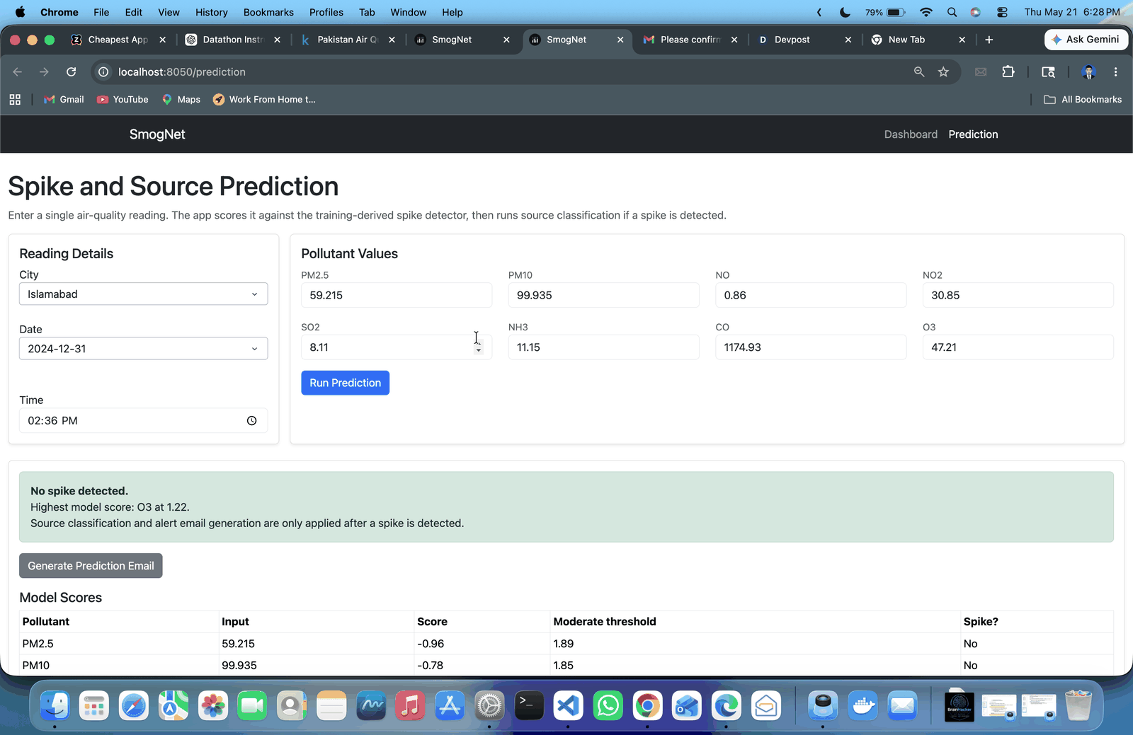 SmogNet machine learning prediction panel showing simulated near-real-time pollutant forecasts